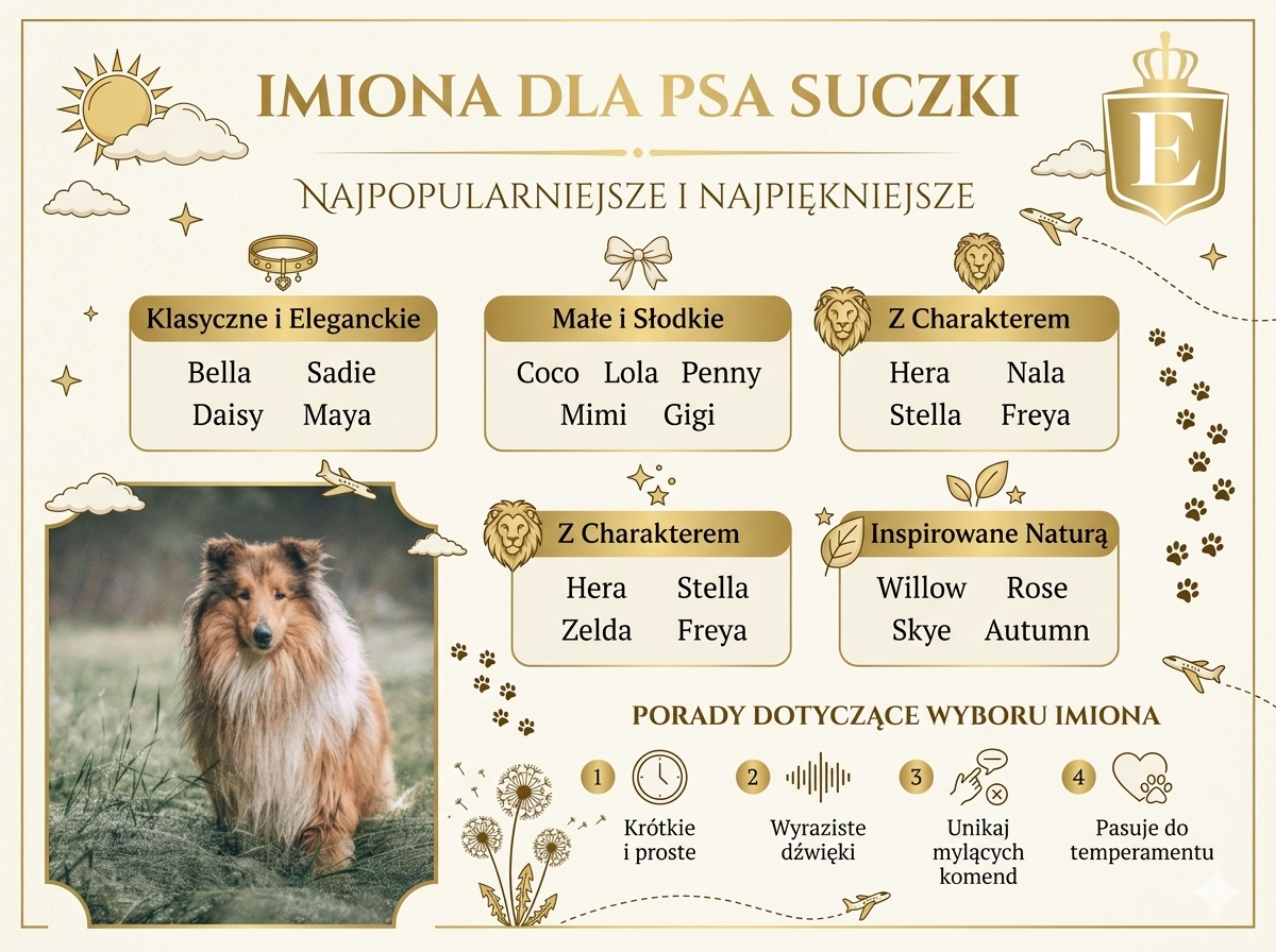 Imiona dla psa suczki – infografika przedstawiająca popularne i eleganckie imiona dla suczek, propozycje inspirowane charakterem i naturą oraz wskazówki pomagające wybrać idealne imię dla psa, dopasowane do temperamentu i łatwe do zapamiętania.